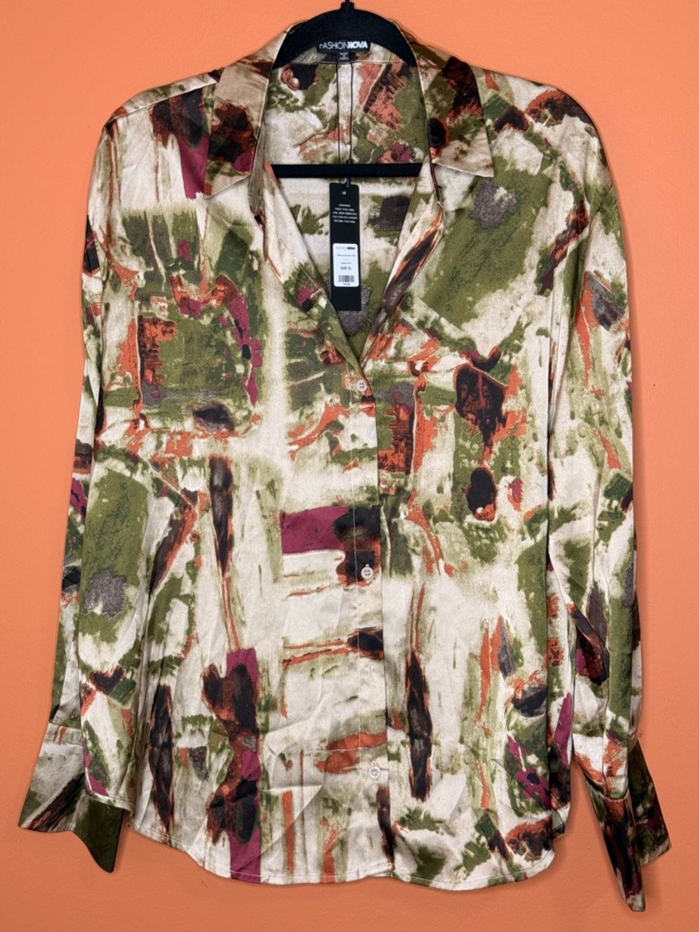 Fashion Nova Button Up Blouse in Olive, Cream & Rust Brushstroke